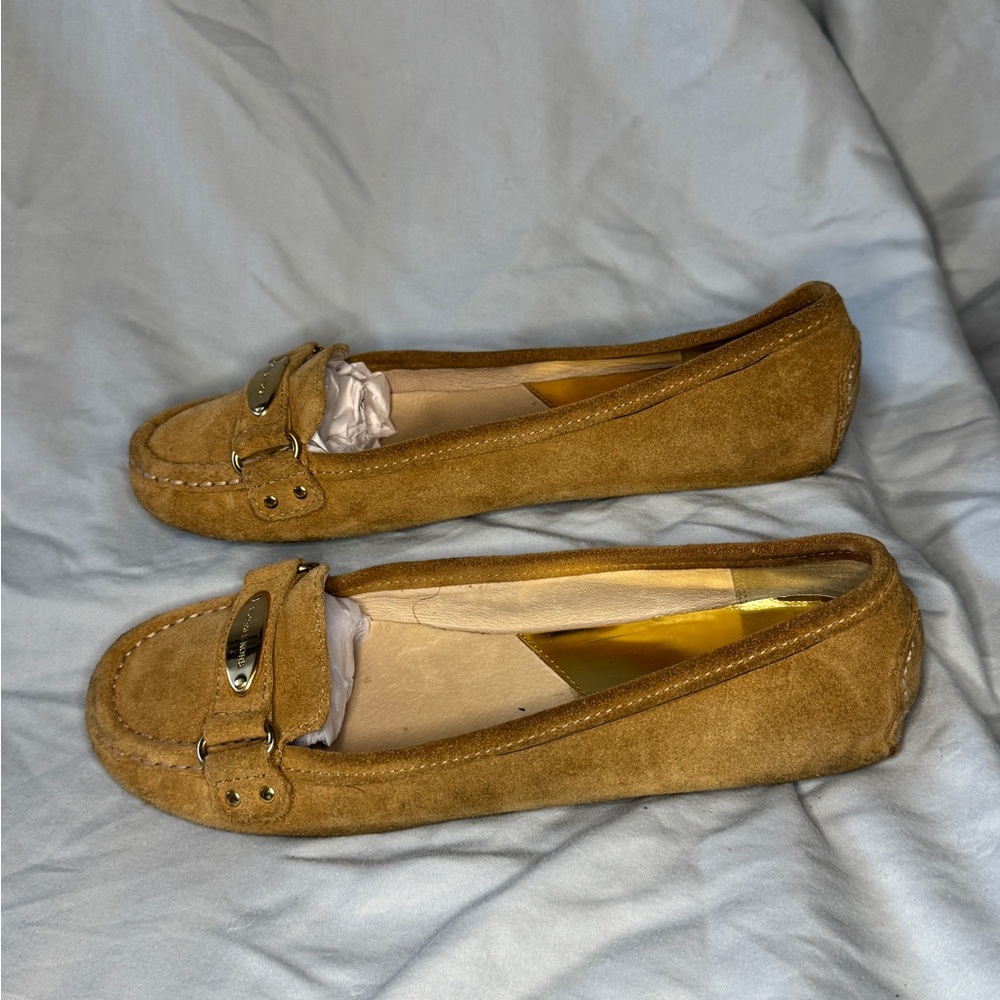 Michael Kors Suede Loafers Moccasins Tan Camel Leather Flats Size 8M - Picture 2 of 7